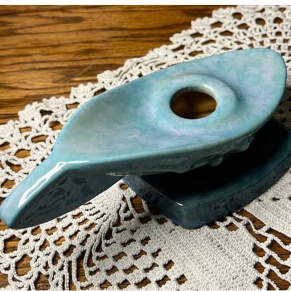 1948 Roseville Wincraft Blue Pottery Set Window Box Planter Candlesticks Vintage - Picture 12 of 17